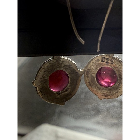 Vintage 925 Sterling Silver Red Cabochon Drop Earrings Garnet Look - Picture 9 of 10